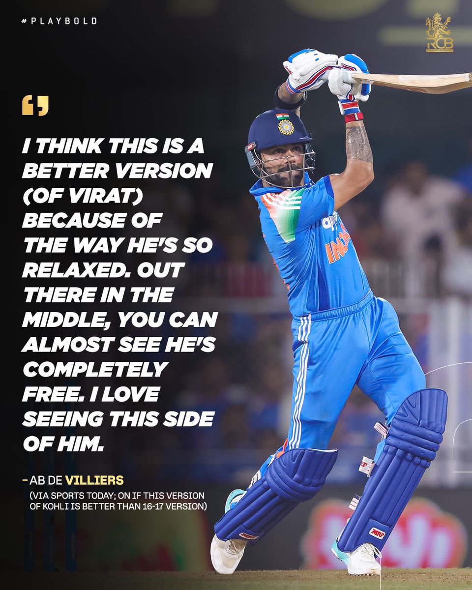 RCBTweets's tweet photo. Aging like fine wine. Getting better &amp; better with time. 🤌❤️

This version of VK better than the 1️⃣6️⃣/1️⃣7️⃣ version? AB shares his thoughts. 🗣️

#PlayBold #ನಮ್ಮRCB https://t.co/9QWXkS7bNc