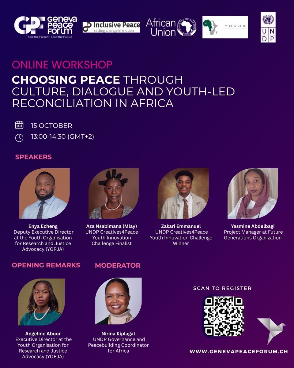 UNDP4Youth's tweet photo. 🎨 🎬 Join @UNDP, @yorjaorg, @InclusivePeace and @au_psd for our joint online workshop on Choosing Peace Through Culture, Dialogue and Youth-Led Reconciliation in Africa during the #GenevaPeaceForum on 15 October.

Link in comments. 👇

#GPF26 #Choosepeace https://t.co/rmAnc8HEyO