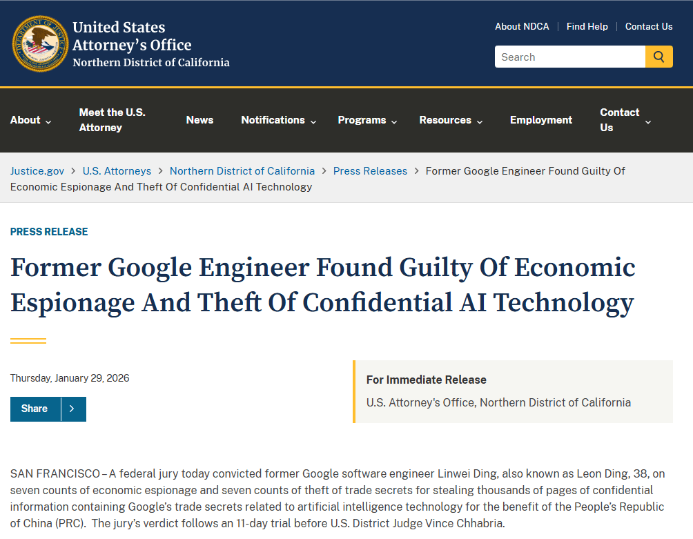 A screenshot of a U.S. Department of Justice website showing a press release page about a former Google engineer convicted of economic espionage and theft of confidential AI technology. The page has a government seal, navigation menus, a search bar, a release date, sharing controls, and article text.