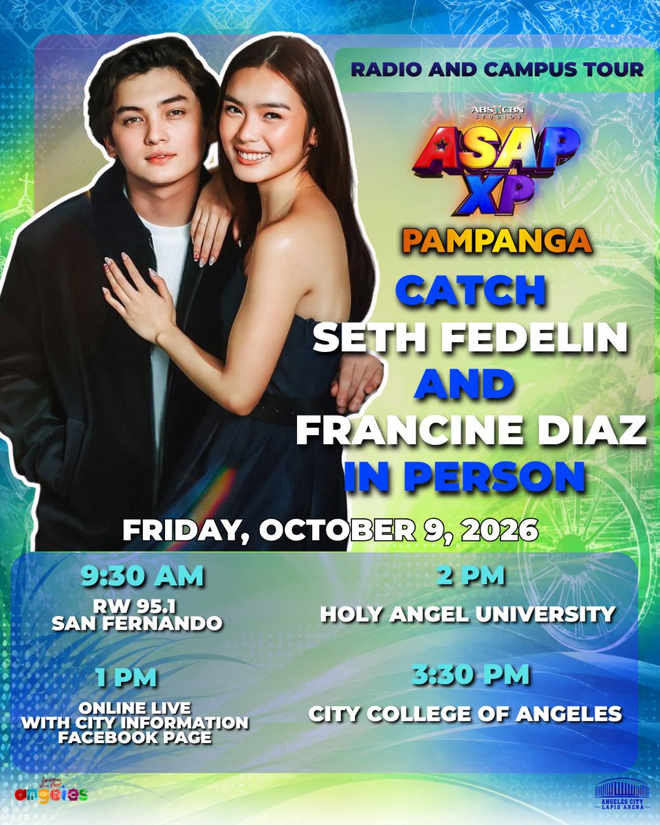 ASAPOfficial's tweet photo. Tomorrow, mauuna ang kilig sa Angeles City! 

Samahan sina FRANCINE DIAZ at SETH FEDELIN sa pag-ikot nila radio station at campus tour bukas, October 9! 

At habol na sa ASAP XP Pampanga on Sunday, October 11, at the Lapid Arena. Get your tickets now!

https://t.co/dQUSYvDfZo

#ASAPXP #ASAPXPPampanga