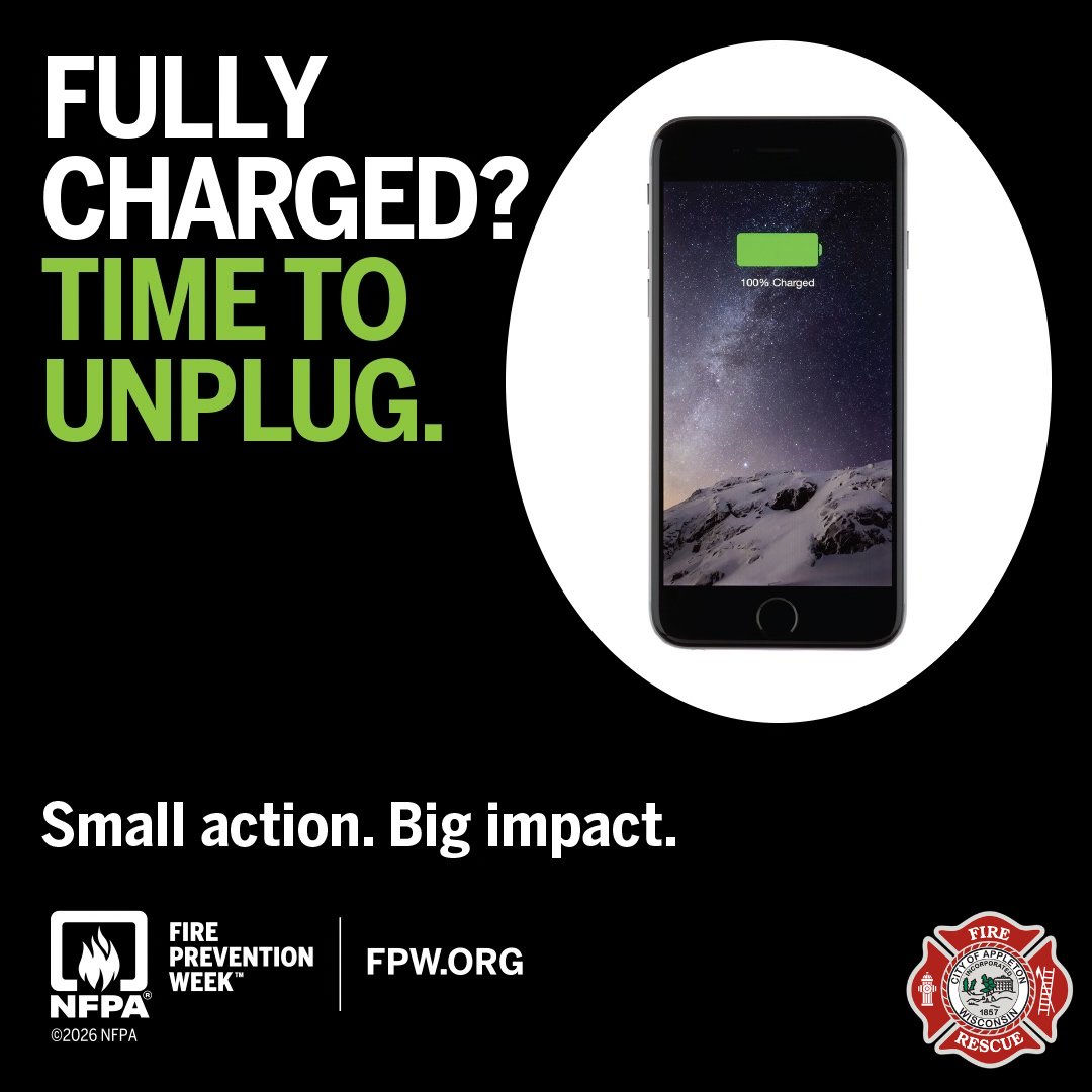 appletonfire's tweet photo. Unplug your device when it is fully charged.
Leaving it plugged in longer than needed can increase heat and stress on the battery.

#firepreventionweek #sparky #firesafety #batterysafety https://t.co/RUVxsBYRx0