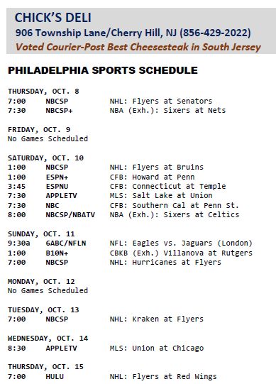 BoopStats's tweet photo. #ChicksDeli-Thu
PHILADELPHIA
SPORTS SCHEDULE –
Daily Sports TV Schedules &
Longer Philly Sports Schedules
At https://t.co/LNeXAK9gwT
#BoopStatsPhillySked https://t.co/ULBOR6xX5z
