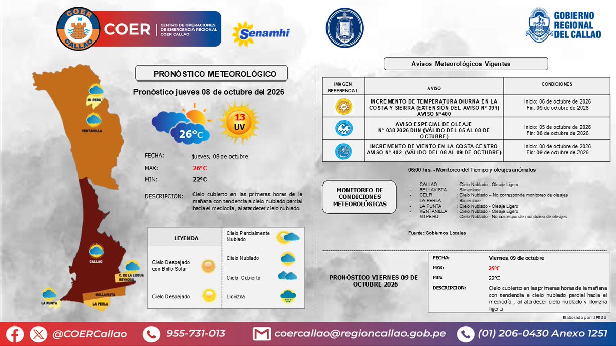 COERCallao's tweet photo. Pronóstico Meteorológico para el jueves 08 de octubre. #Callao #Bellavista #carmendelaleguaReynoso #laPerla #LaPunta #MiPeru #Ventanilla #GobiernoRegionalDelCallao #COERInforma https://t.co/ByNZhpPYK9