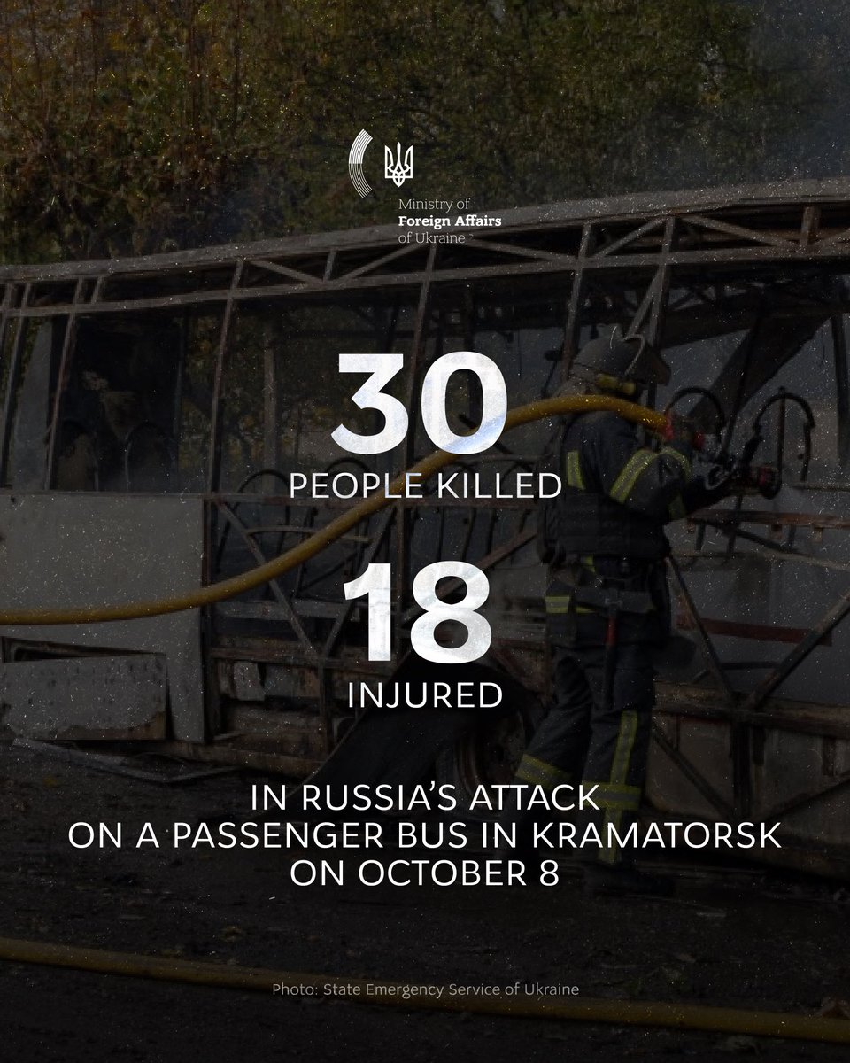 MFA_Ukraine's tweet photo. In Kramatorsk, Donetsk region, a Russian strike on a passenger bus killed 30 people. In the village of Bilenke, part of the Kramatorsk community, three more people were killed today in Russian attack.

The search-and-rescue operation in Pryluky, Chernihiv region, was also completed following Russia’s missile strike on a five-storey residential building yesterday, which killed 22 people.

Moscow continues to escalate its terror against civilians, striking wherever people are. Unless pressure on Russia is increased, these atrocities will not stop. We call on international partners to support Ukraine’s defence and step up sanctions against Russia.