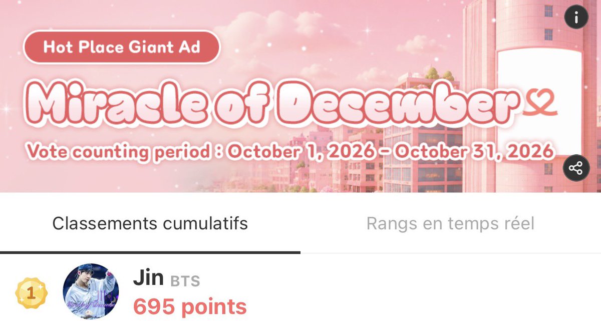 SEOKJINFR's tweet photo. [CHOEAEDOL] December Miracle

📅 ends October 31
🎁 Jamsil Utopia Large Billboard, In App banner, and official SNS promo
🔗 https://t.co/SynfxVKJzo
🗳️ Use your Daily Hearts & Ever Hearts

Jin is currently #1 both cumulative and real time! Keep voting! 🔥
 #방탄소년단진 #진 #BTSJIN #JIN