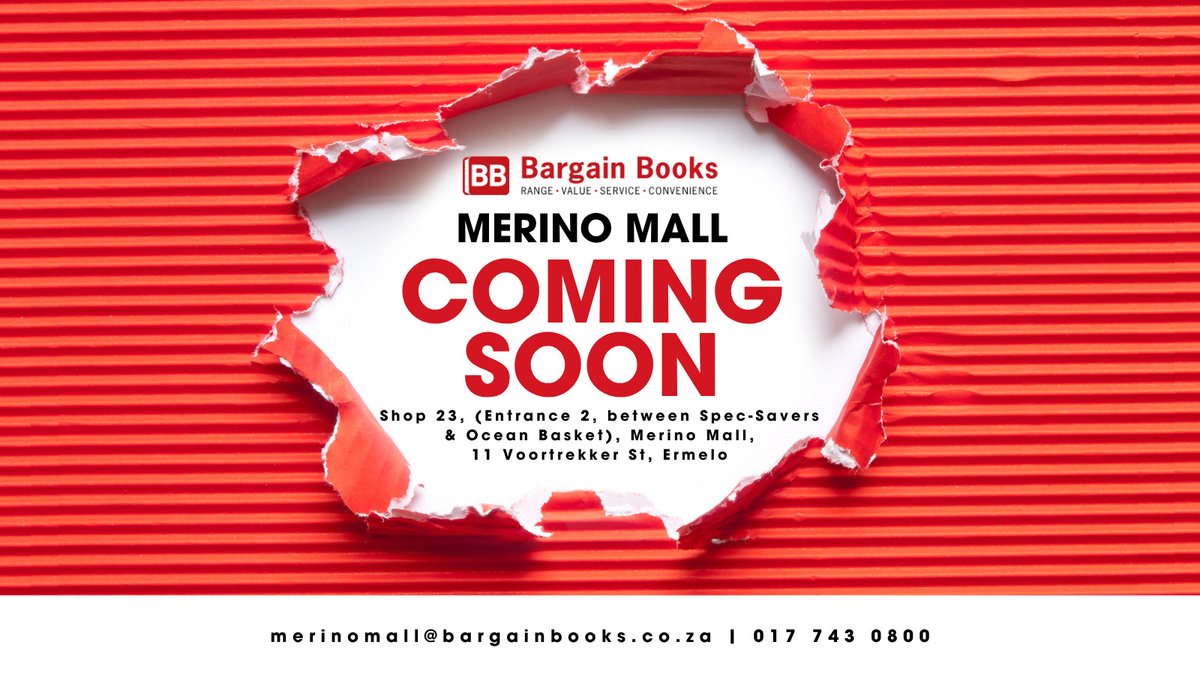 BargainBooksSA's tweet photo. Big news… BB is opening a brand‑new store at Merino Mall!

We’re thrilled to bring the community a bookshop of its very own, packed with incredible reads, unbeatable bargains, and a welcoming space for every book lover.  

Your next great read is just around the corner. https://t.co/wnqtMoARwg