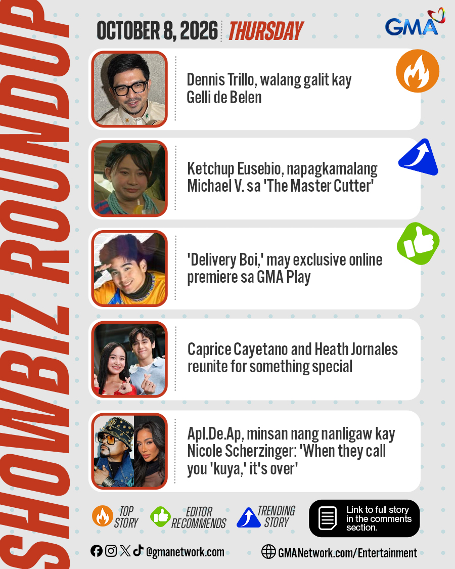 gmanetwork's tweet photo. Mga Kapuso, narito na Showbiz Roundup ngayong Huwebes (October 8)! 🌟

Basahin ang latest celebrity news and updates DITO: https://t.co/WJtGsN2l89 https://t.co/kQcoh80GyZ