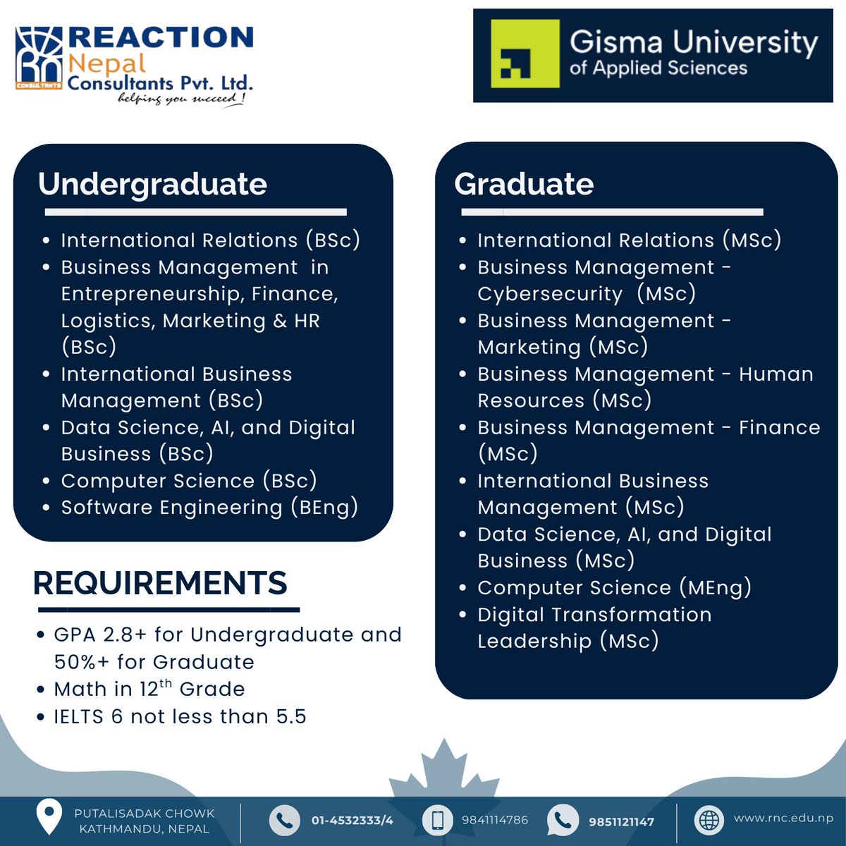 ReactionNepal's tweet photo. 🎓 Study in Germany with GISMA University of Applied Sciences 🇩🇪

📅 2027 Intakes: Jan | Apr | Jul
📍 Berlin / Potsdam

🇳🇵 Apply with guidance from Reaction Nepal Consultants Pvt. Ltd.

🌐 https://t.co/aEjYZu1p5K

#StudyInGermany #GISMA #GermanyIntake2027 #StudyAbroadNepal🇩🇪🇳🇵 https://t.co/sgdLPTqQdn