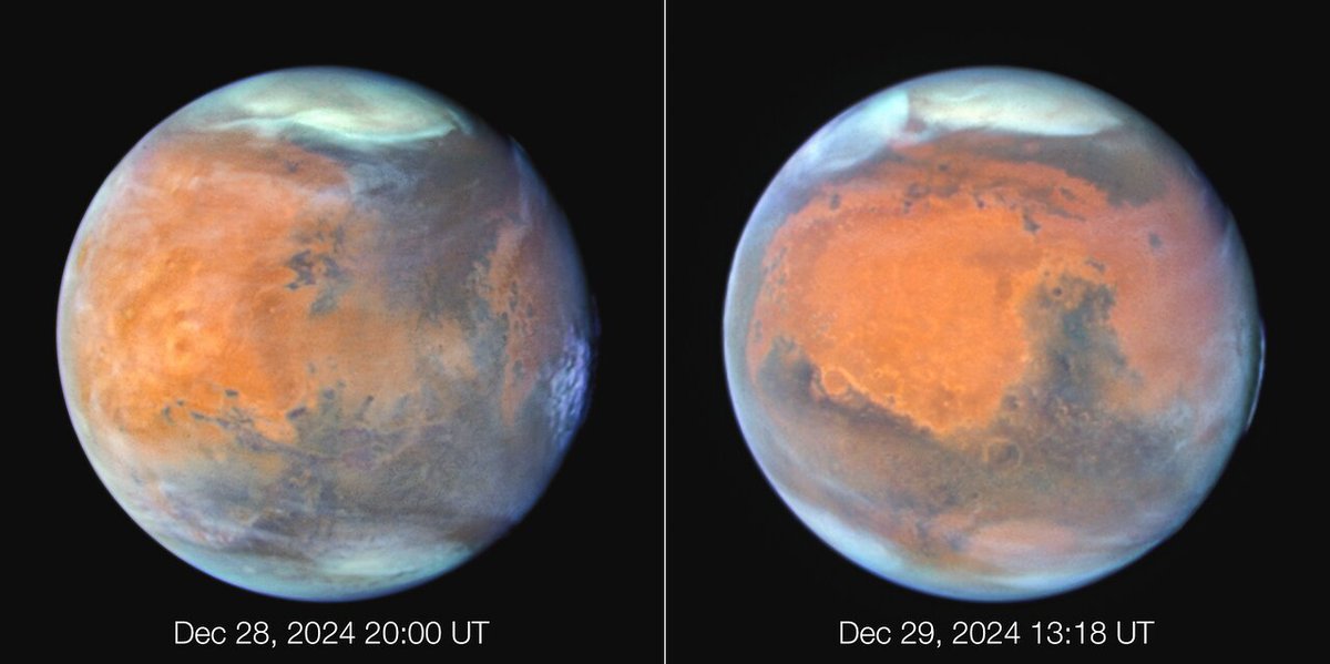 HUBBLE_space's tweet photo. Our #HubbleTopImage features the Red Planet! 🔴

This is a combination of Hubble images of Mars taken from 28 to 30 December 2024. At the midpoint of the observations, Mars was approximately 98 million kilometres from Earth.

Thin water-ice clouds 🌨️ that are apparent in ultraviolet light give the planet a frosty appearance. The icy northern polar cap was experiencing the start of Martian spring.

Read more: https://t.co/cEiYkZfRwD

📷 @NASA , @esa , STScI