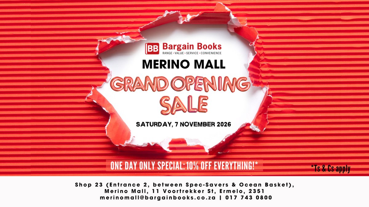 BargainBooksSA's tweet photo. Can you feel it? Something special is happening at Merino Mall… BB SA is opening its newest store!

We’re celebrating our grand opening in style and inviting all locals to discover what will soon be your go‑to bookshop.

We can’t wait to welcome you in‑store. https://t.co/lqwUnTRRLM