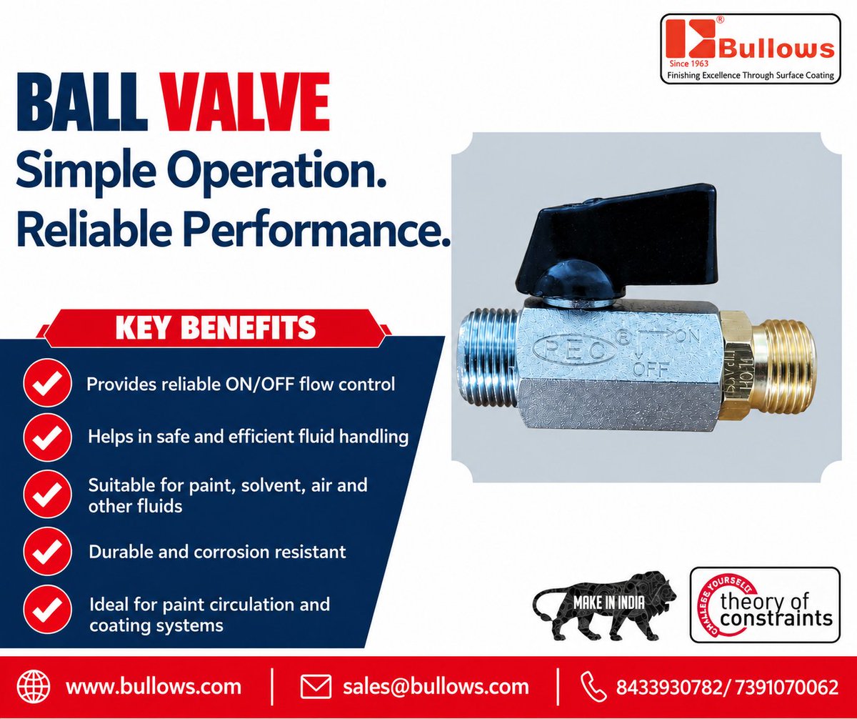 paintingsystem's tweet photo. 🔴– Simple Operation. Reliable Performance.
Bullows Ball Valve provides reliable ON/OFF flow control for efficient fluid handling in paint circulation and coating system.
#PaintCirculationSystem #CoatingSystem #FlowControl #IndustrialPainting #SurfaceCoating #IndustrialEquipment https://t.co/8Ui94DBHjy