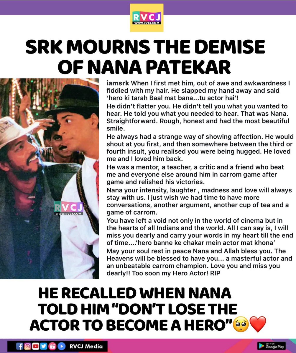 RVCJ_FB's tweet photo. SRK mourns the demise of Nana Patekar ♥️🙏🏻 https://t.co/C2Pl6t9A29