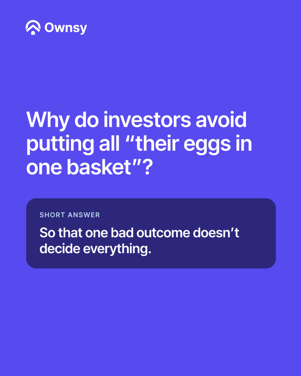 Ownsyofficial's tweet photo. 1/2

All your eggs in one basket? Diversification means spreading money across different assets, so one bad outcome has a smaller effect on the whole. It spreads risk, but it doesn't remove it.

Hypothetical numbers only.
#PropertyEducation #RealEstate #PropertyInvesting101 https://t.co/0FJe2joQOk