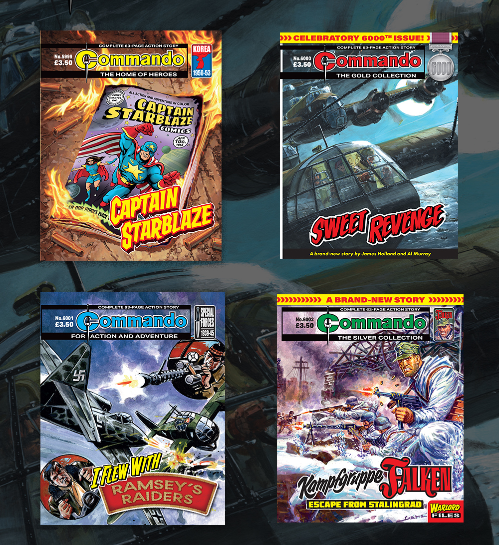 CommandoComic's tweet photo. Commando celebrates its 6,000th issue! Featuring superheroes, epic crossovers, and the 6,000th issue written by James Holland and Al Murray! Out today! - QM https://t.co/uOKBGFTppw