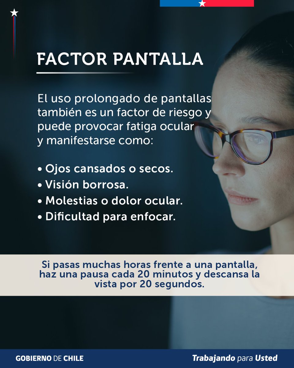 ministeriosalud's tweet photo. En el Día de la Visión, recuerda cuidar el uso de pantallas diarias, ya que podrían provocarte fatiga ocular y generarte👀:

- Sensación de ojos cansados y secos
- Visión Borrosa
- Molestias o dolor ocular
- Dificultad para enfocar

La salud visual es parte de tu bienestar. Consulta con tu equipo médico si presentas molestias.