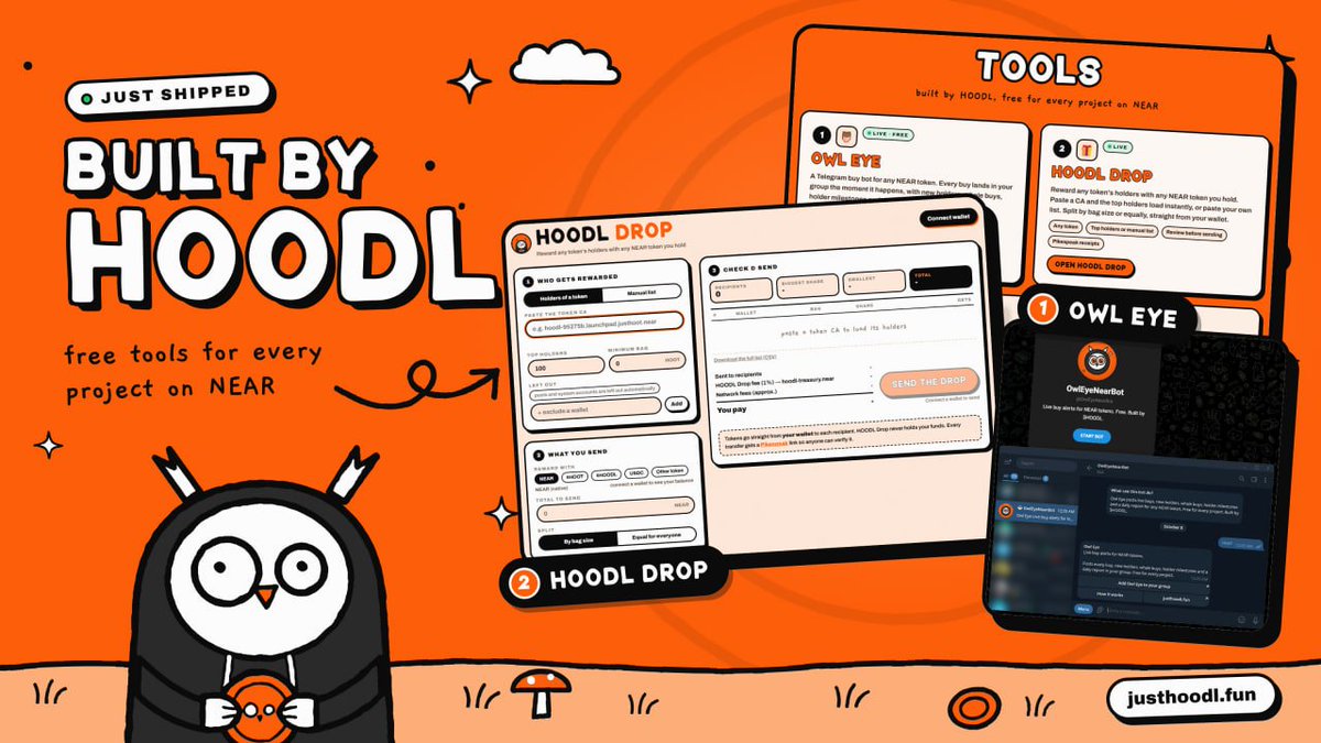 HoodlCTO's tweet photo. HOODL didn't just survive the CTO. We started building.🦉

Two free tools for every token on @justhootfun, live today:

OWL EYE: a buy bot for your Telegram
Add it to your group and set it up with buttons. No code, no premium, no fees.
→ Live buy alerts with your own GIF
→ New holder + whale alerts
→ MC milestones + a daily report
→ Live data straight from HOOT
Add it 👉 https://t.co/9Kum9bd02m

HOODL DROP: reward any token's holders in a few clicks
Paste a CA and its top 100 holders load automatically. Pick what to send (NEAR, HOOT, USDC or any NEAR token you hold) and split it by bag size or equally.
You review everything before you sign, and every transfer gets a Pikespeak link anyone can verify.
Try it 👉 https://t.co/3PpSJQH9Xa

Projects on HOOT can now run their community like a real team: alerts in the group, rewards for holders.
Built by the community, for the whole ecosystem. More tools are hatching. Hold on tight.
