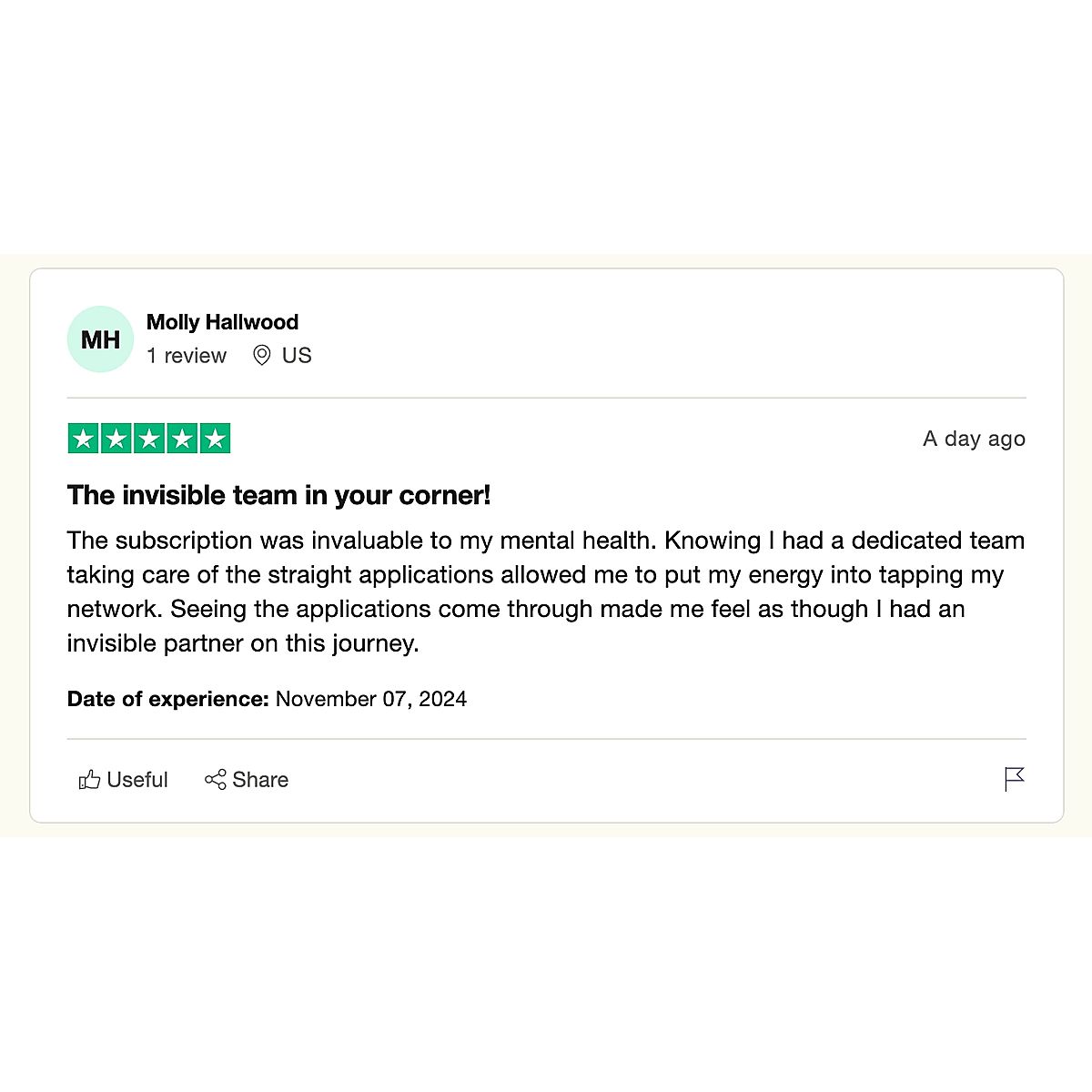 ApplyAllJobs's tweet photo. “The subscription was invaluable to my mental health.”

Molly said that knowing a dedicated team was taking care of the straightforward applications let her put her energy into tapping her network. https://t.co/IbsMZffhec