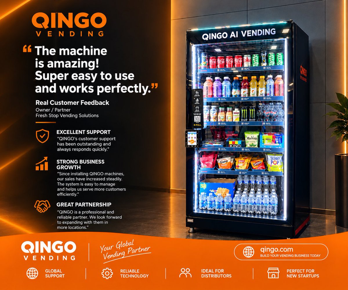 QingoVending's tweet photo. What would your ideal vending business look like?
Our customers are already putting QINGO vending machine to work.
Tell us. Let’s build what’s next—together.
#QingoVending #VendingOperator #VendingLocations #BusinessGrowth #SmallBusiness https://t.co/8w56gCGVJ0
