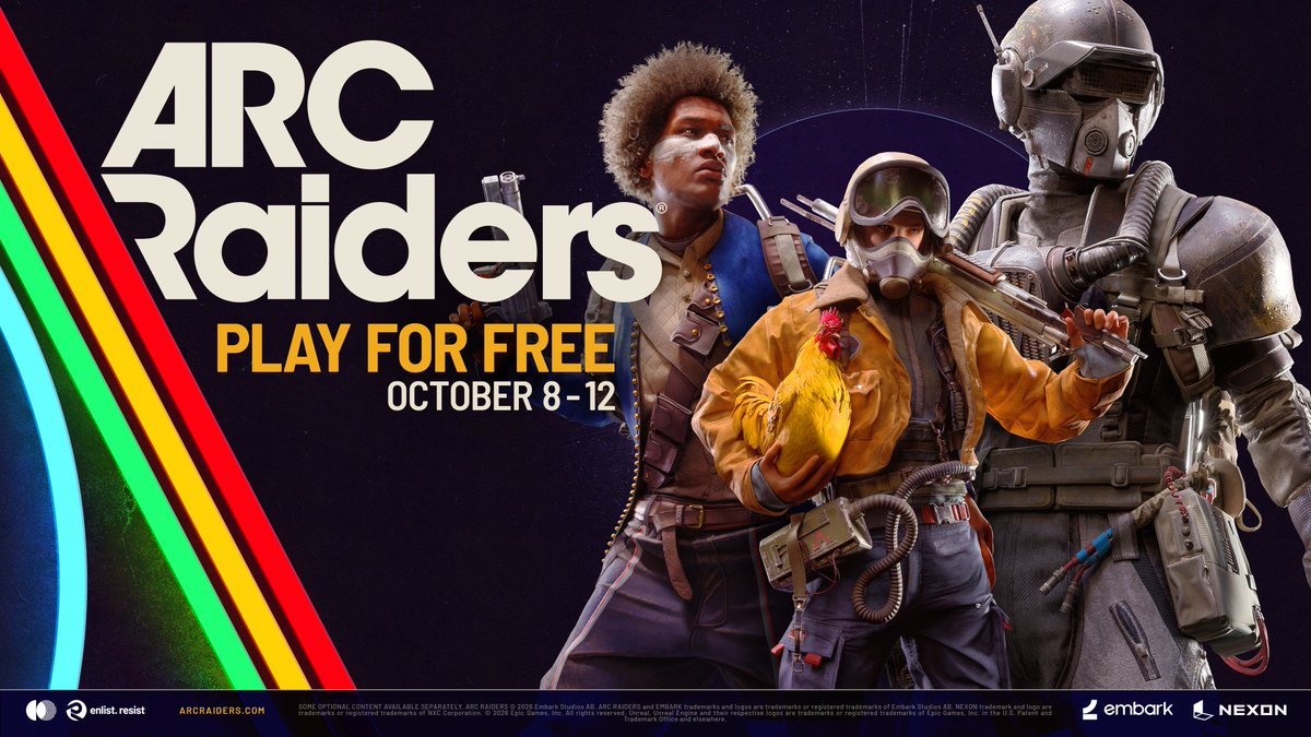 ARCRaidersJP's tweet photo. |◤━━━━━━━━━━━━━━━━━━━━
　　　「ARC Raiders」を始めてみよう！！
　　　期間限定「フリープレイ」開始！！
━━━━━━━━━━━━━━━━━━━━━◢|
史上最大のアップデート【Frozen Trail】がスペランザに到着しました！
アップデートを記念し、期間限定で「ARC Raiders」を無料で遊べる「フリープレイ」を開始しました！！
フリープレイでは、ゲームを初めからプレイでき、フリープレイ後に製品版を購入いただいた場合は継続して遊ぶことができます。

またチームを組んでプレイすることで序盤には行くことができない各マップにも行くことができるようになり、新マップ「ペンドラ・パス」にも向かえます！！

▼フリープレイ期間
10/8(木) 18:00 ～ 10/12(月) 17:00

▼対象プラットフォーム
Steam、PlayStation、Xbox

この機会に「ARC Raiders」を遊んでみませんか！？
新しいレイダーたちの到着を心待ちにしております。