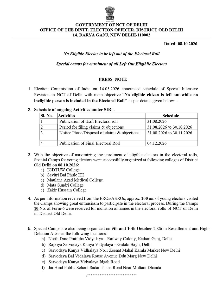 DEOOldDelhi's tweet photo. Press Note for special camp organized in Old Delhi District on 08.10.2026.

@ecisveep @ceodelhioffice #sir2026 , #SIRDelhi #SpecialCamp https://t.co/6JjaCaMeHl