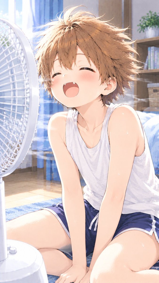 hinata10_ryu13's tweet photo. お風呂上がり、扇風機の風にあたってると「あー」ってやっちゃうよね？

＃AIイラスト　#AIイラスト好きさんと繫がりたい　#陽向くん https://t.co/JTgMFBTqrI