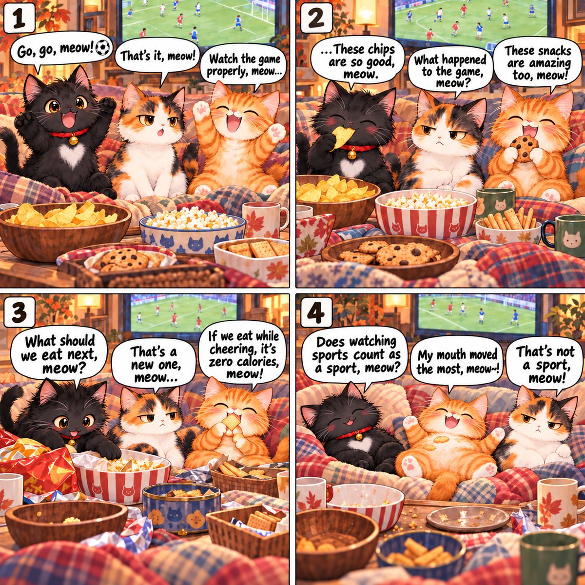 jun_blair_melon's tweet photo. Good Meowning~ 🐈⬛🐾
The three kittens are cheering hard for the soccer game! ⚽️
But somehow, the snacks steal the show… 🤣
#KurosCatPawPower #AutumnSports #SoccerTime #CatComic https://t.co/4QjKbrXq6I