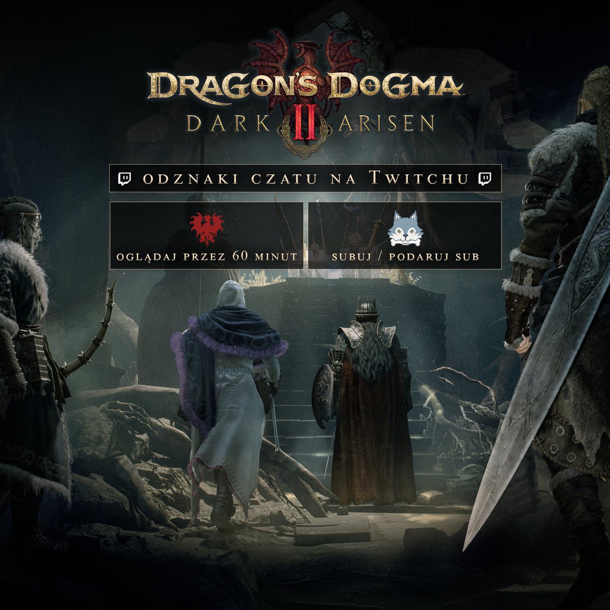 CapcomPL's tweet photo. Oglądaj transmisje na @Twitch i przeżyj epicką przygodę z ulubionymi twórcami, aby zdobyć dwie odznaki czatu #DD2DA!
Od teraz do 31 października do godz. 0:59 zdobądź te odznaki, dołączając do streamów w kategorii „Dragon’s Dogma II”:

🟣 Oglądaj przez 60 minut – TheDragonsDogma
🟣 Subskrybuj / Podaruj subskrypcję – FrekiFriend