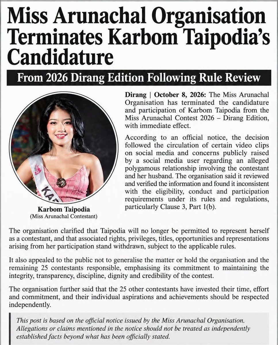 PemaLhamu143's tweet photo. Miss Arunachal Organisation terminates Karbom Taipodia’s candidature from Miss Arunachal 2026 – Dirang Edition, citing eligibility and conduct rules. #MissArunachal2026 #ArunachalPradesh #Dirang #BreakingNews https://t.co/qiKhrXRUo9