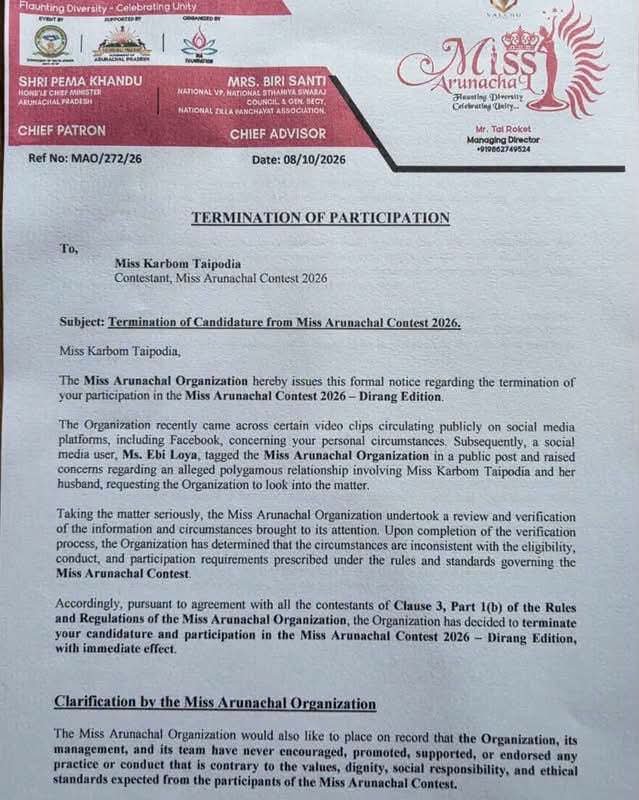 PemaLhamu143's tweet photo. Miss Arunachal Organisation terminates Karbom Taipodia’s candidature from Miss Arunachal 2026 – Dirang Edition, citing eligibility and conduct rules. #MissArunachal2026 #ArunachalPradesh #Dirang #BreakingNews https://t.co/qiKhrXRUo9