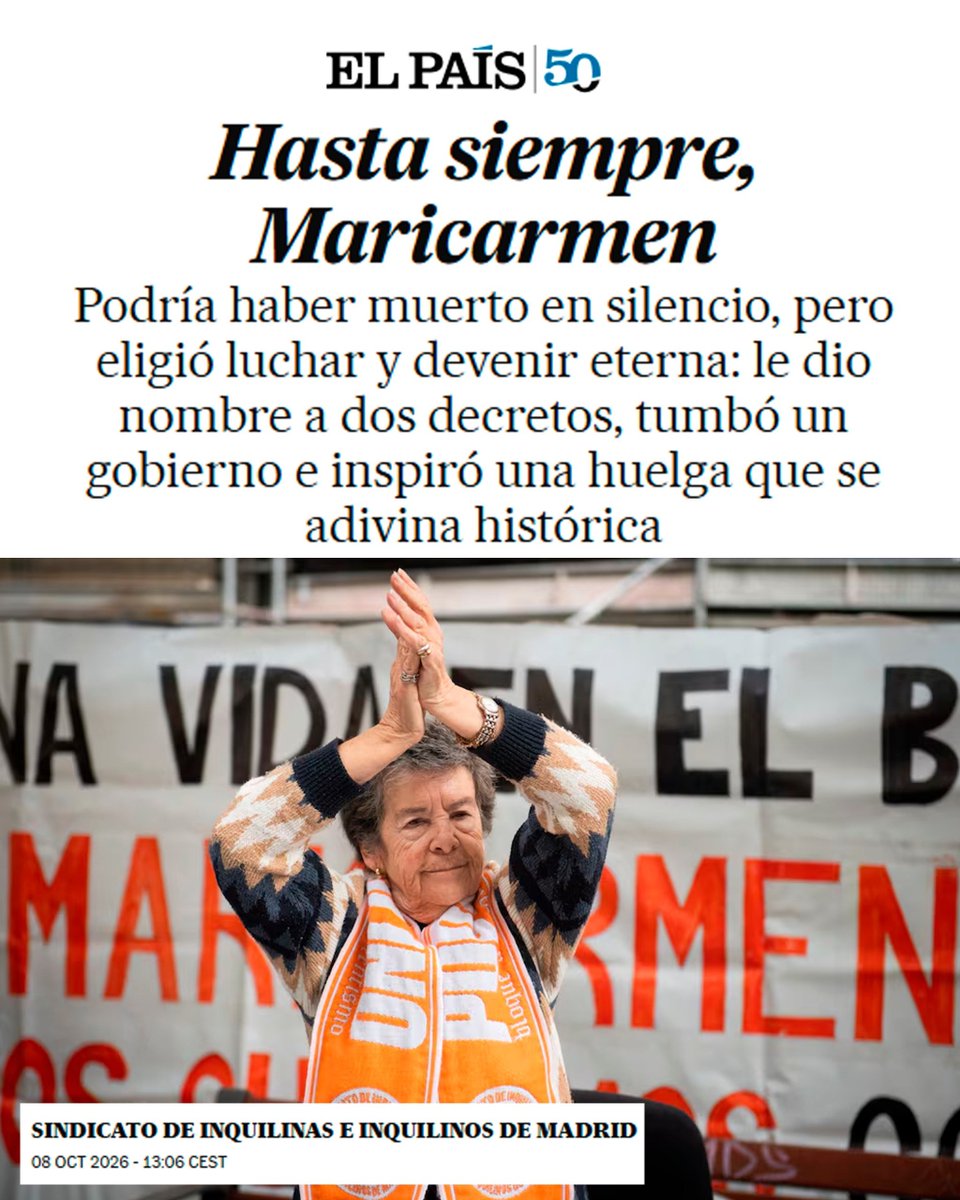 InquilinatoMad's tweet photo. Hasta siempre, Maricarmen! Hoy escribimos en el país una columna homenajeando a la mujer que decidió no morir en silencio, que dio nombre a dos decretos, tumbo el gobierno e inspiró una huelga que se adivina histórica. Te queremos ❤️ https://t.co/qDBdTyg8L9