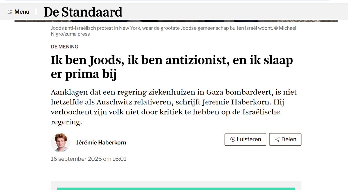 mboudry's tweet photo. Beste kranten, wat is eigenlijk nog het nut van columns en opiniestukken die elke dag, op licht verschillende wijze, dezelfde riedel voor de lezer herhalen: “Israël/zionisme is kwaadaardig”?

Tegen wie zijn ze eigenlijk gericht? De lezer krijgt toch nooit een antwoord van de andere kant, laat staan een interview met een dissidente wetenschapper. Inzendingen die een ander perspectief bieden, worden stelselmatig geweigerd. Ik heb het zelf vaak geprobeerd, ook deze week nog naar aanleiding van 7 oktober. Allemaal geweigerd. 

Tegen wie zijn deze mensen dan nog aan het argumenteren? Wat voor “debat” is dit eindeloze gegalm in de eigen echokamer? Welke boodschap heeft de lezer daar uiteindelijk nog aan?

Zelfs over de oorlog in Oekraïne lees je af en toe dissidente stemmen, die de schuld bij de NAVO leggen, voor onderhandelingen met Poetin pleiten, enzovoort. Meestal ben ik het daar totaal mee oneens. Maar op zijn minst heb je dan nog een tegensprekelijk debat, waarin je ook de argumenten van de andere kant leert kennen.

Over Israël heb je... niets. Er zijn eindeloze interviews met anti-zionisten (liefst Joden) die Israël op alle mogelijke manieren in de banvloek slaan. Maar tegenstemmen als John Spencer, Norman Goda, Joël Kotek, Steven Pinker of Benny Morris komen NOOIT aan het woord. Niet in opiniestukken, niet in interviews, gewoon helemaal niet. 

Eerlijk, ik heb dit nog nooit meegemaakt, in geen enkel ander debat. Natuurlijk, er is vaak een overwicht aan standpunten in deze of gene richting. Maar de mate van verstikking en blikvernauwing is hier echt van een andere orde.