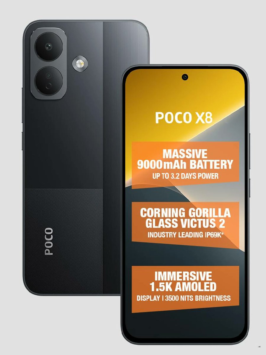 srkreddy2025's tweet photo. https://t.co/qDofmomQEA POCO X8 5G – 6GB RAM + 128GB! 🖤
 Snapdragon 6s Gen 4 | Octa-Core | 2.4GHz
 Big Battery Long-lasting battery for all-day entertainment &amp; daily use.
 Under ₹25K – Definitely Worth Checking! 🚀
#POCOX8 #POCO #5GPhone #Snapdragon #BatteryPhone #BestPhone https://t.co/QiByQ8vm0e