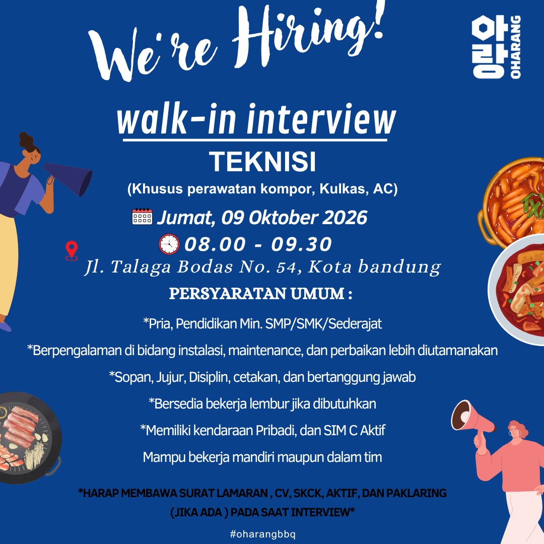 infolokerbdgcom's tweet photo. GESER GAMBARNYA 👈🏻
👋🏻 WARGI BANDUNG, WE’RE HIRING!🔥

Ada kesempatan buat kamu yang mau **join bareng Oharang Indonesia!** 🫶🏻✨

📢 OPEN POSITION
🍽️ Service Staff
👨‍🍳 Kitchen Staff
👷‍♂️ Teknisi Staff

🎤 WALK-IN INTERVIEW
📅 Jumat, 09 Oktober 2026
⏰ 08.00 – 09.30 WIB
📍 Jl. Talaga Bodas No. 54, Kota Bandung

Buat kamu yang tertarik dan sesuai dengan kualifikasi, langsung datang ke lokasi untuk mengikuti Walk-In Interview yaa! 🙌🏻

👀 Kualifikasi & persyaratan lengkap silakan cek poster berikut!

✨ Jangan lewatkan kesempatan untuk jadi bagian dari Oharang Indonesia!
See you, Wargi Bandung! 👋🏻🔥