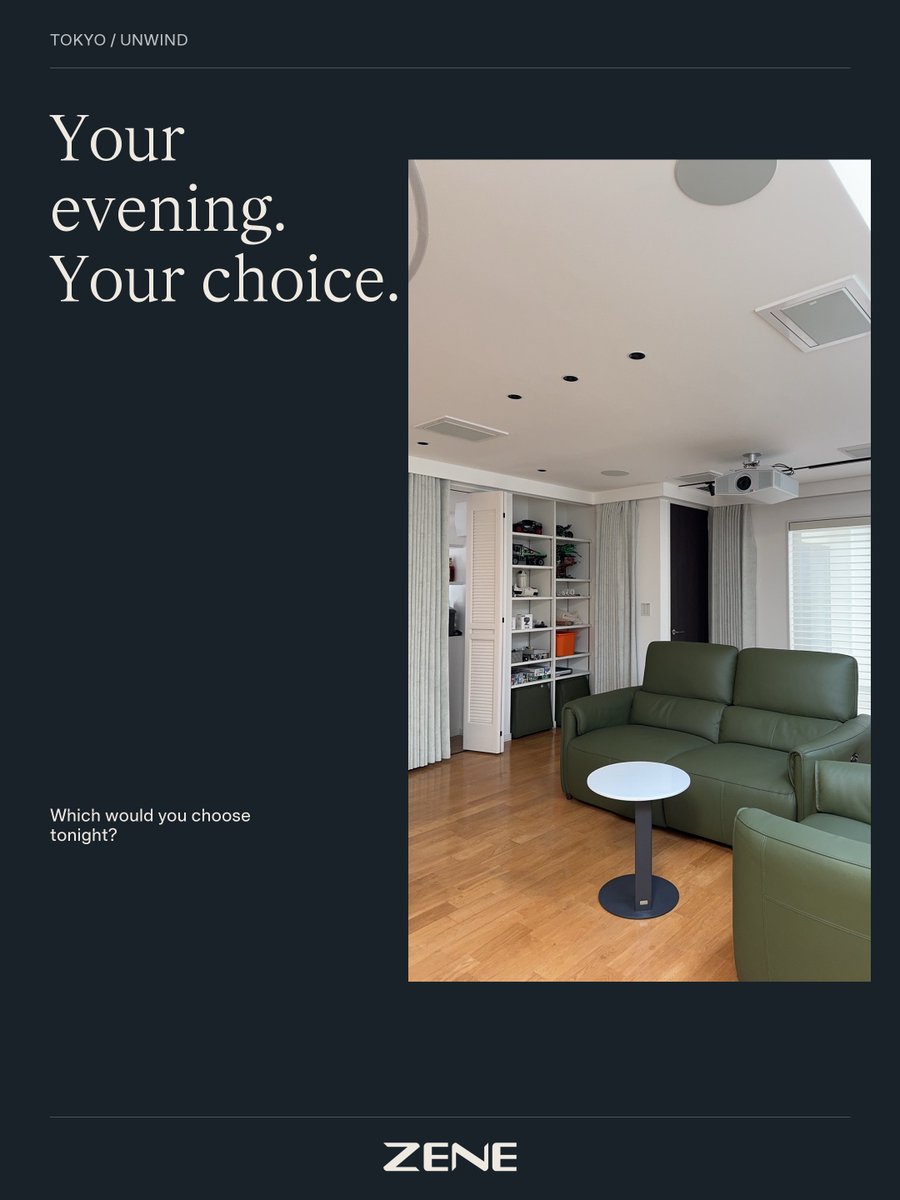 zene_official's tweet photo. Music first, or movie first?

A listening room in Foshan.
A cinema in Beijing.
A quiet corner in Tokyo.

Three ZENE showrooms, three ways to leave the day behind.

Which room matches your mood tonight?

#ZENE #HomeCinema #ListeningRoom #MovieMusicLife https://t.co/ULVh9o0sa3