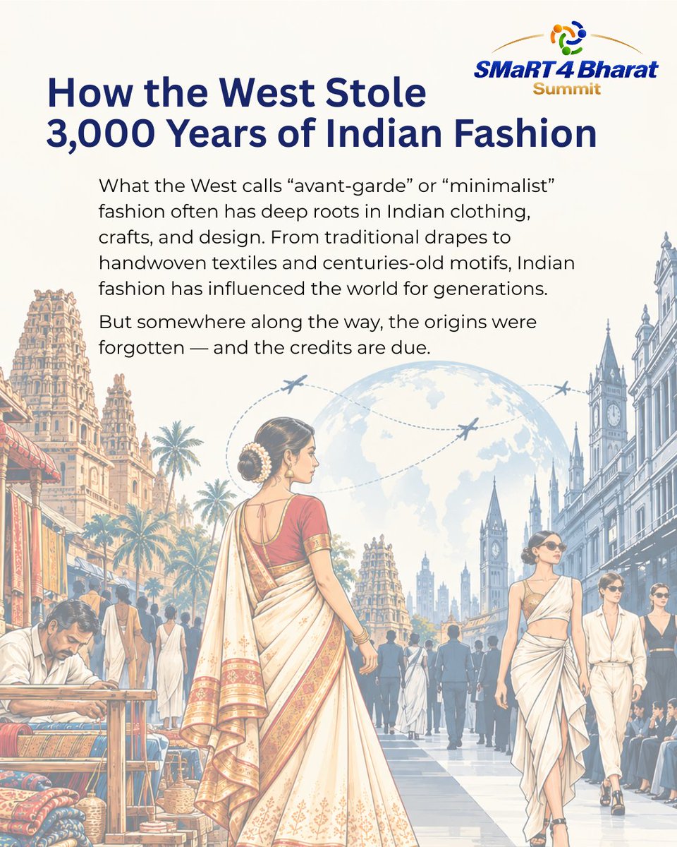 smartsummit_off's tweet photo. Fashion travels across cultures, and inspiration isn't the problem. 
Forgetting who created it first is. 
🧵🇮🇳 From Kalka to Kolhapuri, swipe to see whose heritage is behind the "new" trends, and why the credit is due.

#SMaRT4Bharat #IndianFashion #CreditDue #Heritage https://t.co/6mrwfvisnY