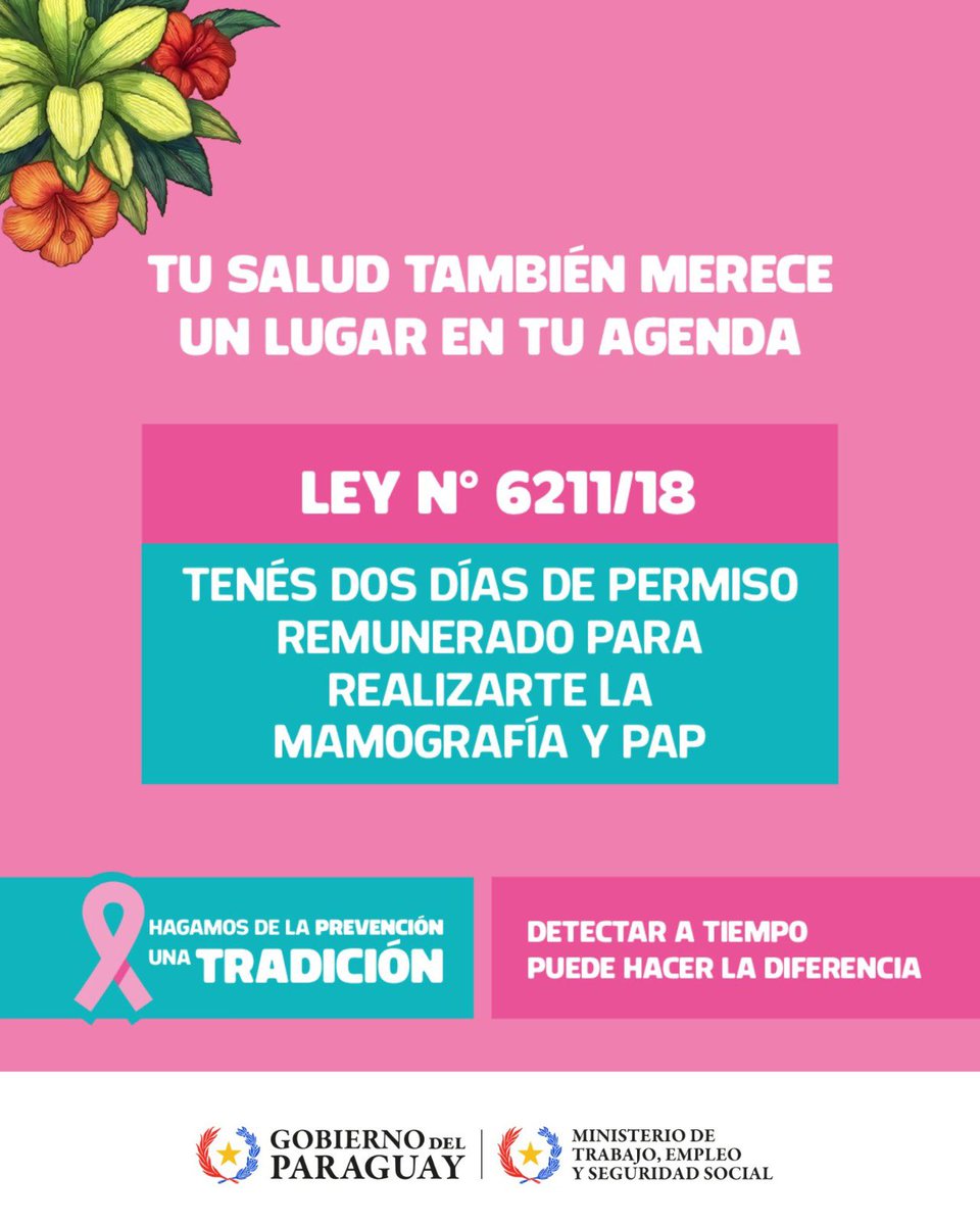 MTESS_PY's tweet photo. #OctubreRosa🌸 | Recordá que contás con dos días de permiso remunerado al año para realizarte la mamografía y el PAP.  

La detección temprana del cáncer de mama permite acceder a un tratamiento oportuno. 

¡Hagamos de la prevención, una tradición!

#OctubreRosa 🌸 https://t.co/rqGXp6cBNj