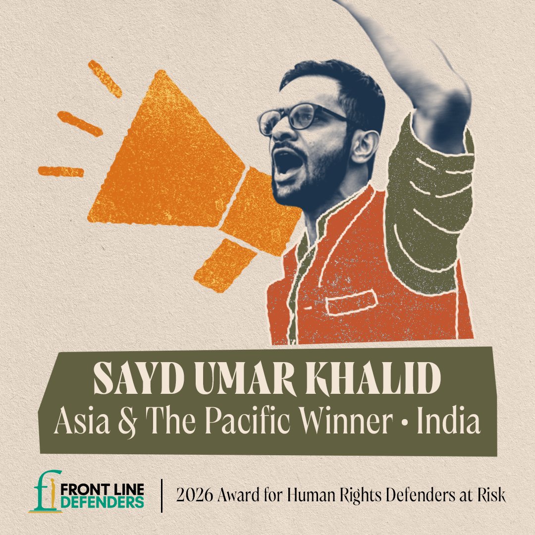 FrontLineHRD's tweet photo. Umar Khalid is the 2026 Asia winner of the Front Line Defenders Award. To those who try to silence his work, he is seen as an “enemy of the state’’ and an “anti-national”, but to others, he is a national hero, a voice of the people, and a human rights defender. 

For the last six years, Umar Khalid has been shackled behind bars for his leadership in the peaceful and democratic civil movement against the unconstitutional and anti-Muslim amendments to India’s citizenship laws. The law, which accompanied an increasingly hostile climate of growing Hindu nationalism, threatens to disproportionately strip Muslims of documentation and legal status. 

Umar Khalid, with a steady trajectory defending students', minorities’ and citizens' rights, is seen as one of the key voices speaking out against this injustice. Several major international human rights organisations, as well as the United Nations Working Group on Arbitrary Detention, have highlighted the illegality of his arrest and detention. 

Read more about him here: https://t.co/duZHTepbJA