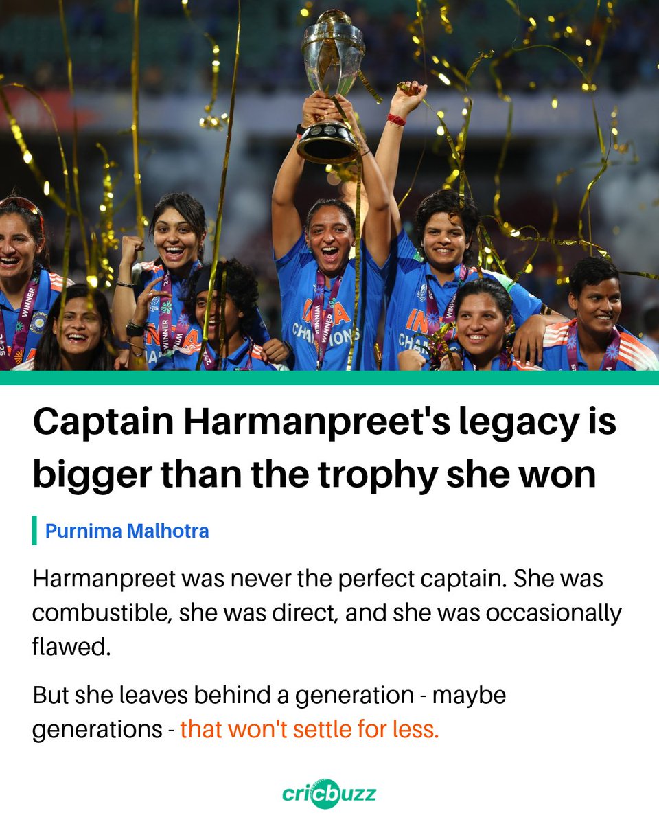 cricbuzz's tweet photo. Harmanpreet Kaur's greatest contribution may have been making India believe that the world's best could — and should — be challenged, writes @PurnimaMalhotra 

🔗: https://t.co/h1OilTpaBv https://t.co/NpFNMfkkDL
