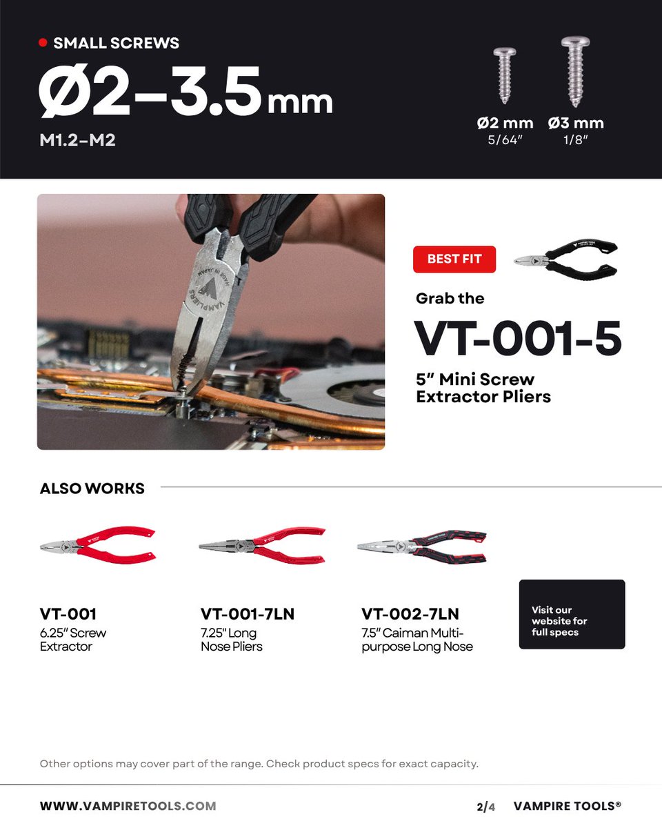 Vampire_Tools's tweet photo. Different screw sizes call for different extractor pliers. Check the guide to find the best-fit Vampliers for the screw you need to remove.

🛒 Shop now and save 20% on our website.
Use code PRIME20 at checkout. https://t.co/8thvkW17jP https://t.co/QEA7kMJ6mh