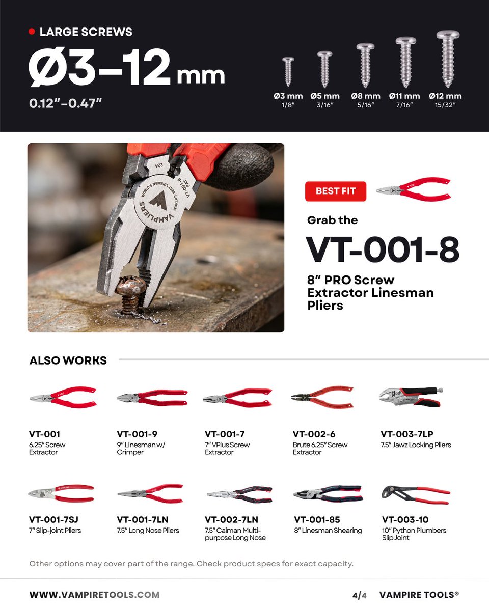 Vampire_Tools's tweet photo. Different screw sizes call for different extractor pliers. Check the guide to find the best-fit Vampliers for the screw you need to remove.

🛒 Shop now and save 20% on our website.
Use code PRIME20 at checkout. https://t.co/8thvkW17jP https://t.co/QEA7kMJ6mh