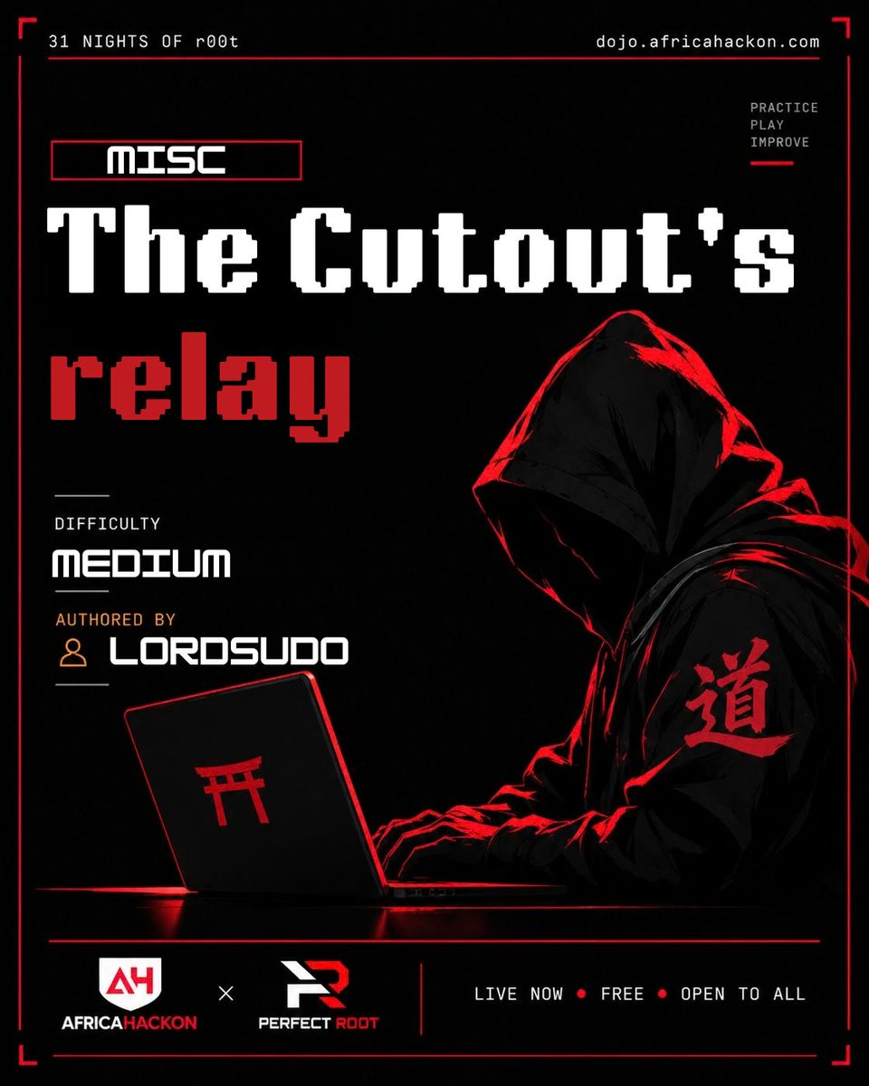 perfectrootdojo's tweet photo. The Cutout's relay is live. 📡

Misc, Medium. Courtesy of @L0rd5ud0

Nothing arrives whole, you have to put it back together.

Solve now: https://t.co/PzX3pv2Xpe

#31NightsofR00t #DOJO #CTF https://t.co/Xcwoi4yyaf