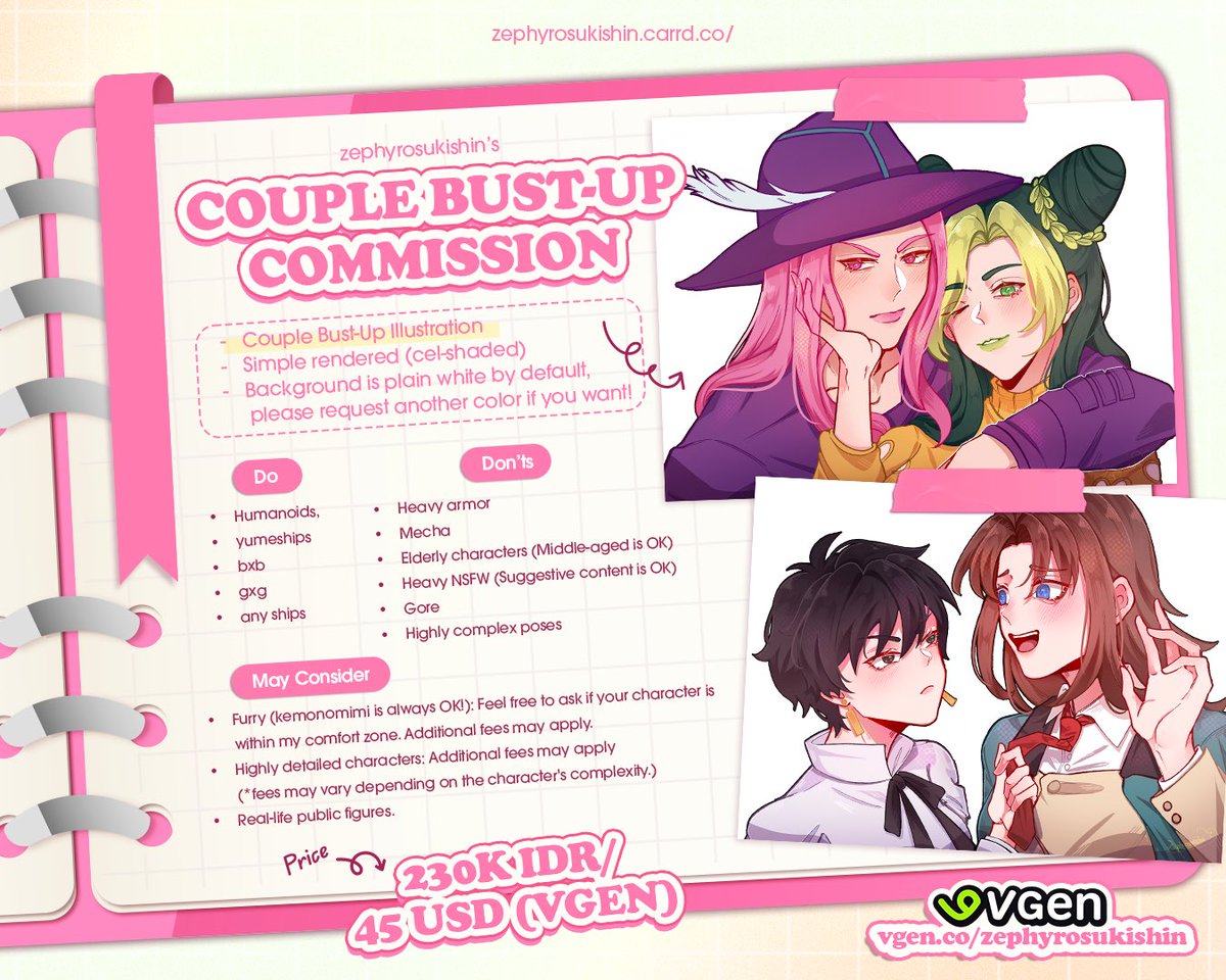 zephyrosukishin's tweet photo. [❤︎ /↺ are appreciated]
opening: couple bust-up comms!! (simple rendered)

45 USD(vgen) / IDR 230K
2 slots open/each ^^

please order through my vgen or dm me(🇮🇩)!

*)read till the end for a raffle!
 
#artidn #commission #vgen #vgencomms #vgencomm #ArtistsofSEA_cms https://t.co/poTt4AdFFx