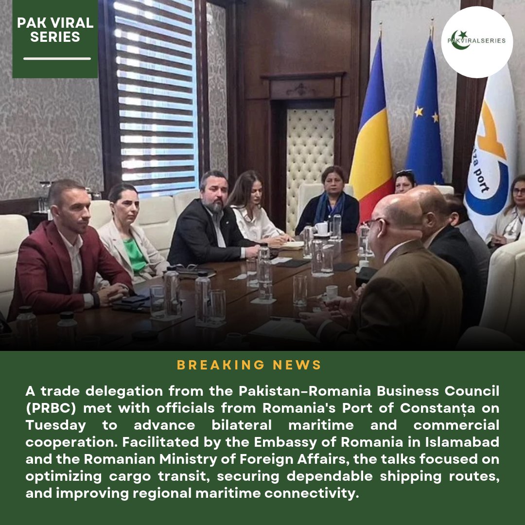 PakVSeries26's tweet photo. 🇵🇰🇷🇴 A trade delegation from the Pakistan–Romania Business Council (PRBC) met with Port of Constanța leadership to discuss expanding bilateral trade, enhancing maritime connectivity, and optimizing shipping routes.

#Pakistan #Romania #Trade #Maritime #ConstantaPort #Logistics https://t.co/qy8H1tWigA
