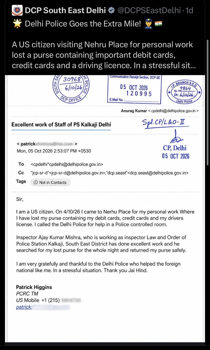 RoshanKrRaii's tweet photo. > Delhi police made a fake email from a made up Patrick Higgins praising it

> Posted it on X

> People caught the spelling errors and the apparent forgery

> Police quietly deleted it

&amp; these Dallas have the job of protecting the national capital 😭 https://t.co/pSBUtx4vnL