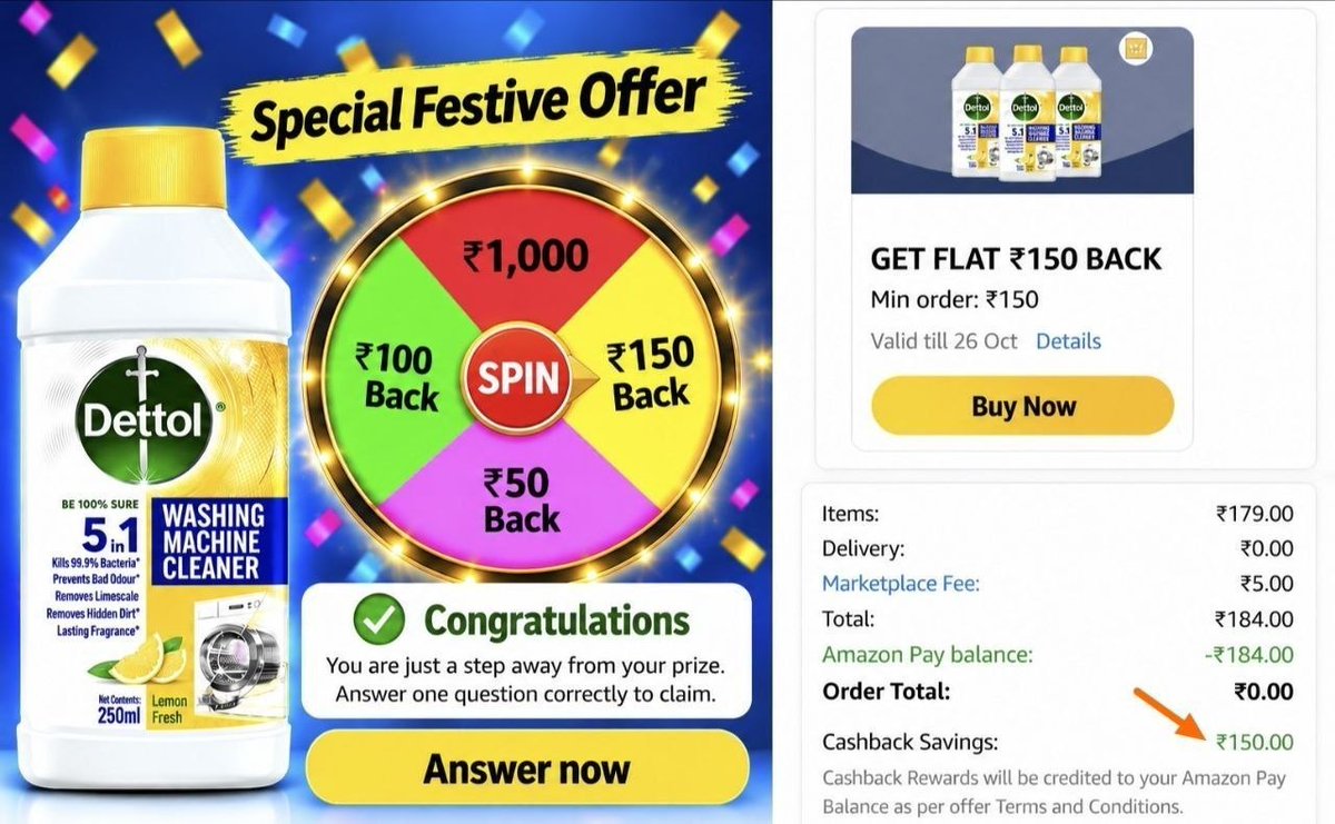 TechEarnTips's tweet photo. Spin &amp; Win Flat ₹150 Cashback On Dettol.

Spin Link : https://t.co/GnNfKzdw91

Ans : True

Buy : https://t.co/mDqZ19VoXB

Effective Price @29 Affer CB. https://t.co/GiJZzxsP2w