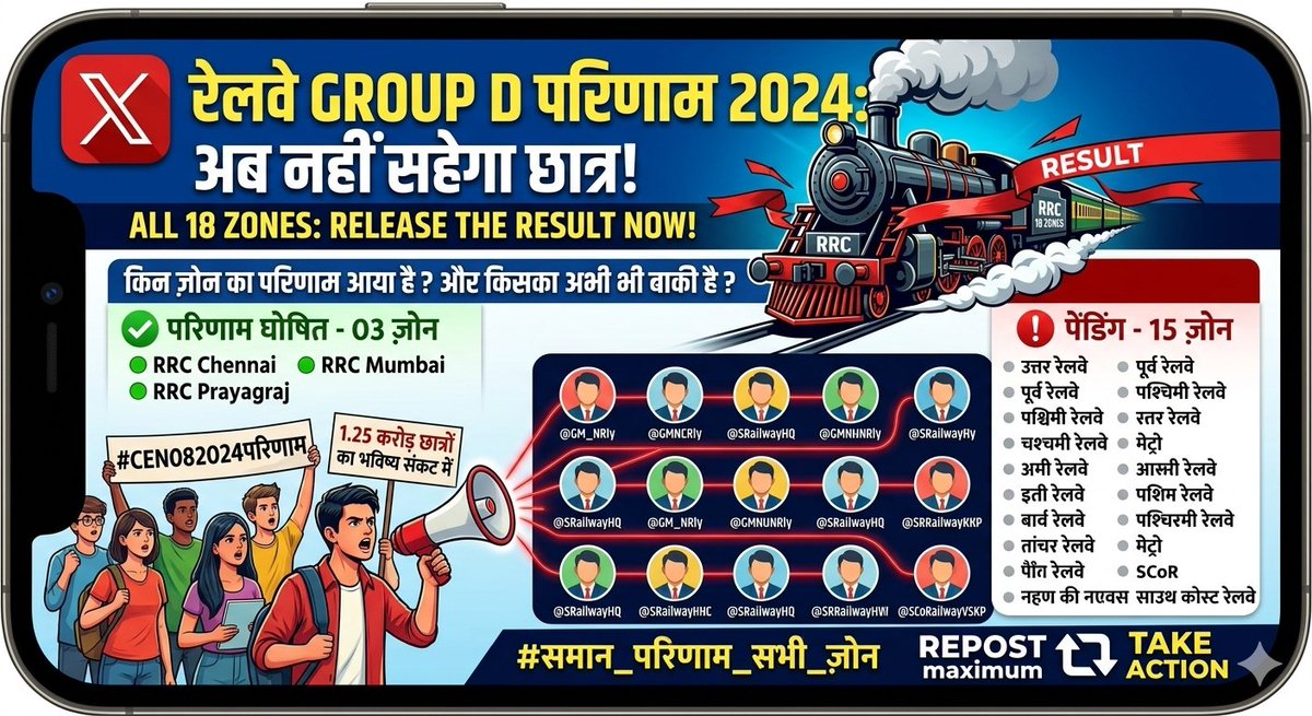 kzcc26's tweet photo. CEN 08/2024)के छात्र कब तक इंतजार करेंगे? 3 जोन की DV डेट आ चुकी है
#Railway_GroupD_Result #CEN082024 #RRC_Result
@RailMinIndia @AshwiniVaishnaw @secyminrailway @GM_NRly @GMNCRly @gmner_gkp @GM_RRB_NFR @EasternRailway @SERailwayHQ @secr_hq @ecrly @GM_CRly @GM_WRly @SWRly https://t.co/Fzpl74ZzUk