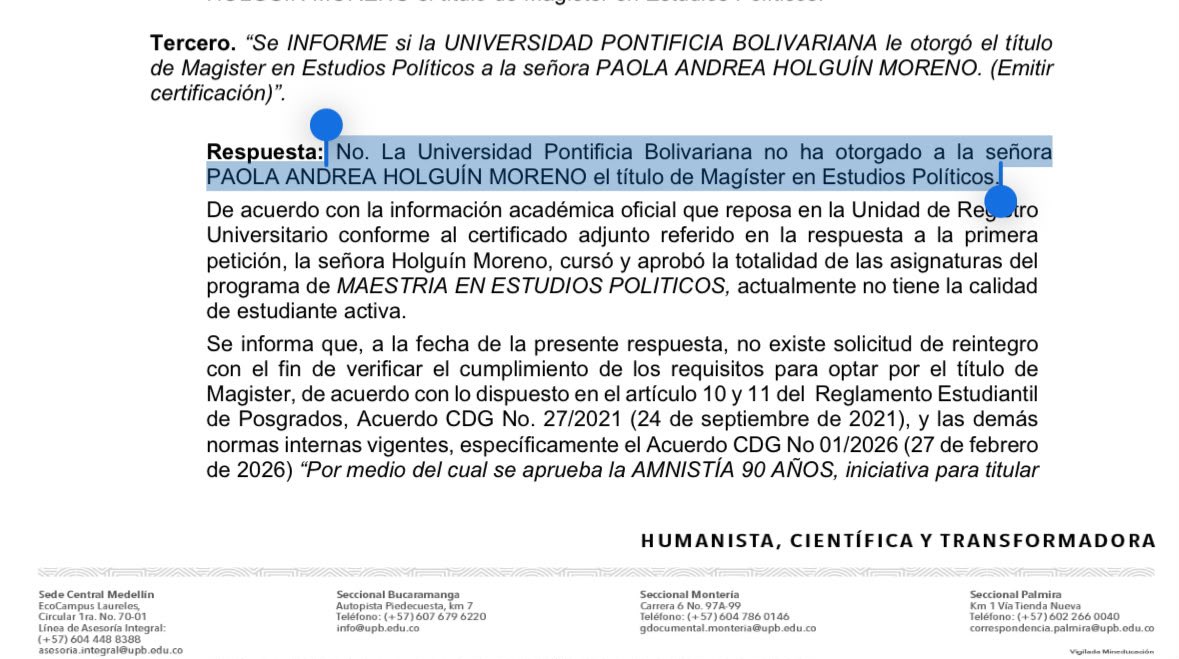 JenniferPedraz's tweet photo. La señora @PaolaHolguin, aparte de mala ministra, es una mentirosa: se presenta como Magister en Estudios Políticos pero, según la información que me entregó la misma @upbcolombia, no le ha otorgado ese título.

¿Cuál es la necesidad de mentir para inflar un perfil? En los documentos oficiales publicados en SIGEP no finge un posgrado para cuidarse legalmente, pero en las publicaciones del Gobierno y personales sí. De no ser porque pedimos formalmente la info, seguirían viéndonos la cara.

¿Dónde quedó la “extrema coherencia”? El título de la ministra Holguín, al igual que el “banco de talentos”, es una farsa. El mérito sometido a la Palanca y el arribismo como sello de este Gobierno.