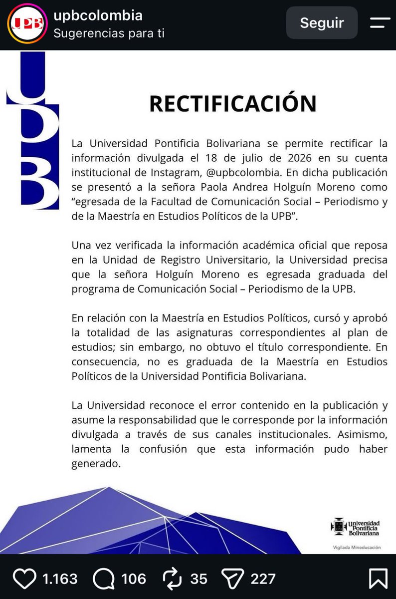 JenniferPedraz's tweet photo. La señora @PaolaHolguin, aparte de mala ministra, es una mentirosa: se presenta como Magister en Estudios Políticos pero, según la información que me entregó la misma @upbcolombia, no le ha otorgado ese título.

¿Cuál es la necesidad de mentir para inflar un perfil? En los documentos oficiales publicados en SIGEP no finge un posgrado para cuidarse legalmente, pero en las publicaciones del Gobierno y personales sí. De no ser porque pedimos formalmente la info, seguirían viéndonos la cara.

¿Dónde quedó la “extrema coherencia”? El título de la ministra Holguín, al igual que el “banco de talentos”, es una farsa. El mérito sometido a la Palanca y el arribismo como sello de este Gobierno.