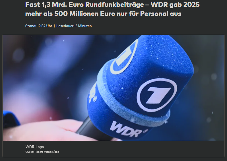 reisburgerin's tweet photo. Der WDR hat 2025 1,264 Milliarden Euro Rundfunkbeitrag eingenommen. Freiwillig hat den niemand gezahlt.

545 Millionen davon gingen allein für Gehälter und Pensionen der Festangestellten drauf. Das sind rund 146.000 Euro pro Planstelle.
688 Stellen in der Verwaltung. Im Programmbereich Manipulation und Propaganda … Verzeihung: Information, Fiktion und Unterhaltung sind es 502.
Am Ende bleibt ein liquider Überschuss von 139,5 Millionen. An die Zahler geht davon nichts zurück. Das Geld wandert in die Rücklage.

Allein die Personalkosten des WDR verschlingen den Jahresbeitrag von rund 2,5 Millionen Haushalten.
Und das ist nur ein Sender.

Das ist keine Grundversorgung. Das ist ein Selbstbedienungsapparat mit Zwangsabgabe.

Reformieren kann man das nicht mehr. Man muss es neu aufbauen oder abschaffen.