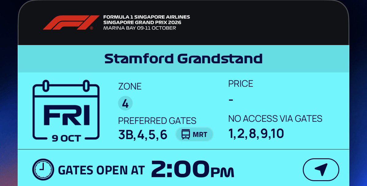 hhccle's tweet photo. WTS F1 SINGAPORE GP 🏎️
[Stamford Grandstand]
Date : Friday , 9 Oct 
Price : 2jt
* Zone 4 , near padang stage ( Cortis, JJ lin )
* Tiket will be transfer to your singapore gp app 
seat sebelahan sama aku, boleh masuk bareng ya! DM if u interested 💕 https://t.co/1EpUikrF8G